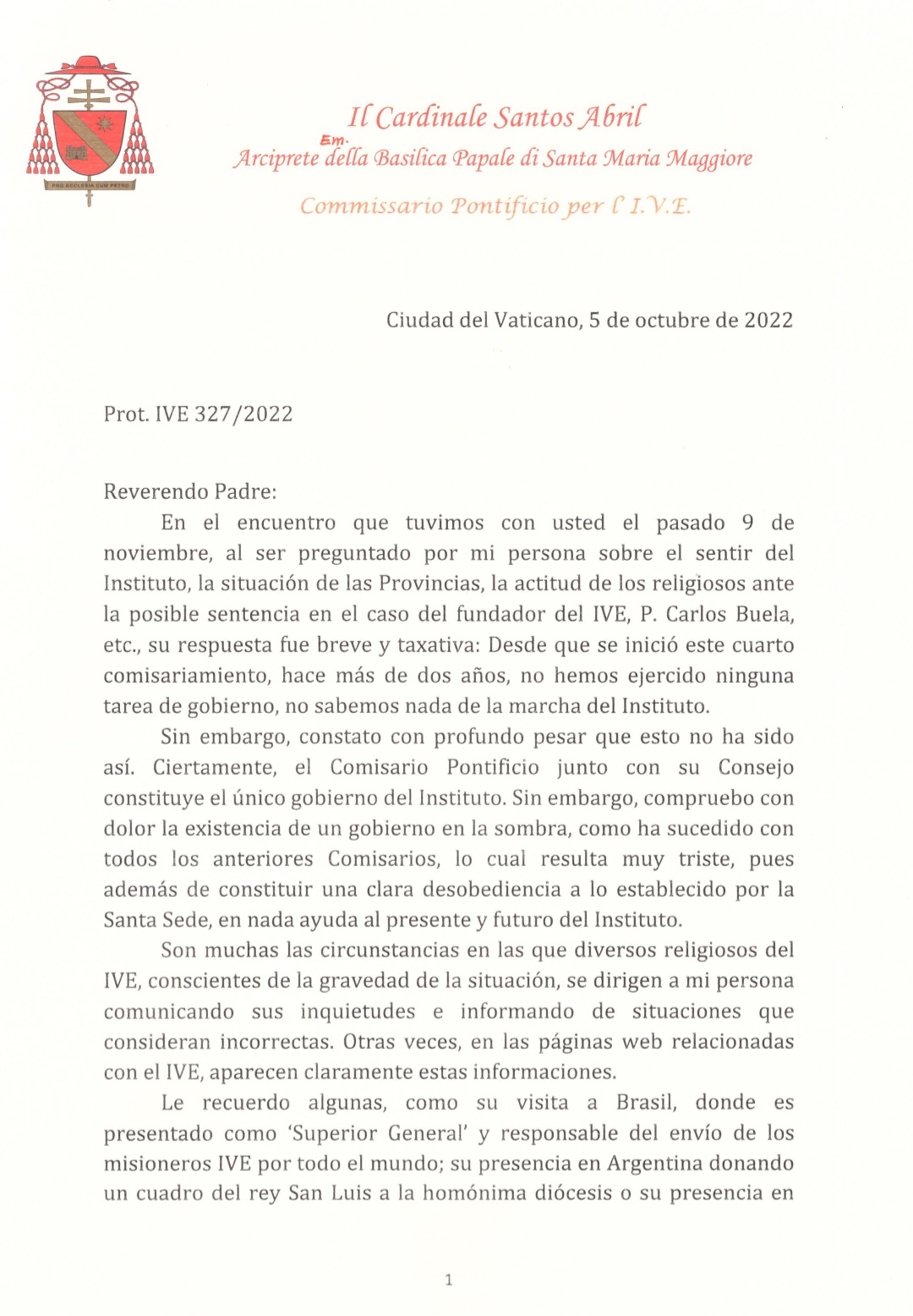 Carta del Comisario Pontificio al ex superior general P. Gustavo Nieto
